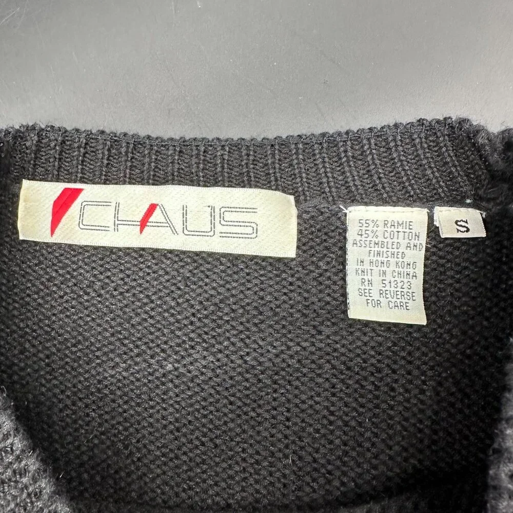 Vintage Black Sweater Colorful 80s Geometric Floral Sz Small Chaus Shoulder Pads - Picture 4 of 6